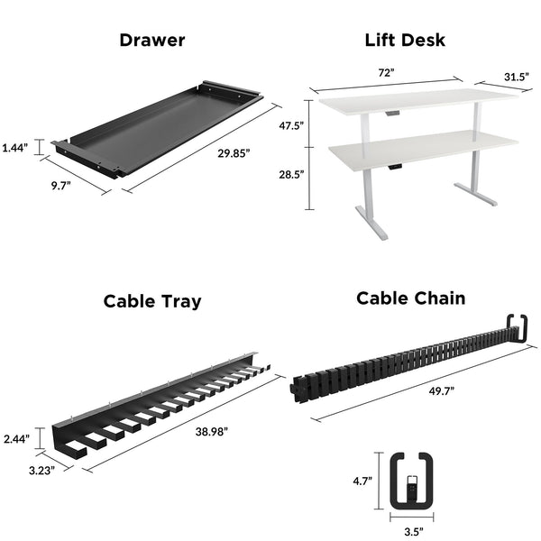 E-Lift Pro-Desk V2 72" Top, Drawer & Management cable chain and tray & Single Monitor Arm - N/A - N/A