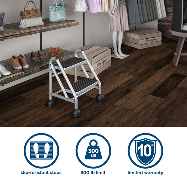 COSCO Commercial 2 Step Rolling Step Ladder - Grey/Grey/Blue